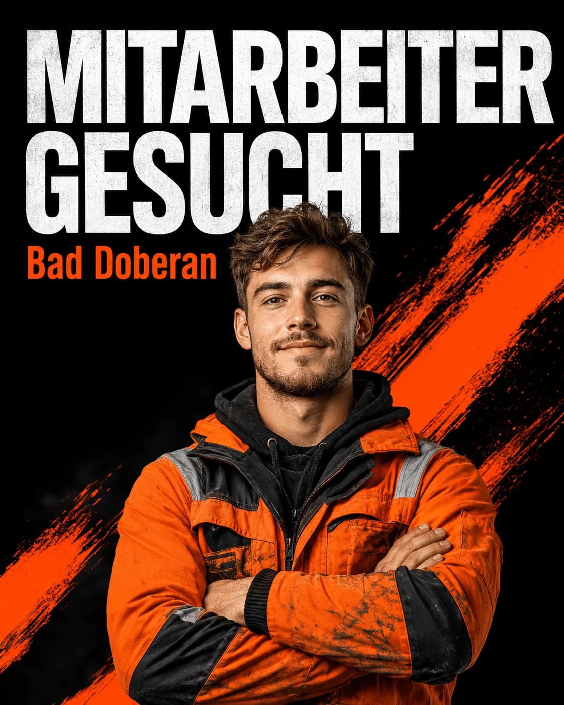 Handwerker in orangefarbener Arbeitsjacke unter dem Schriftzug „Mitarbeiter gesucht – Bad Doberan“