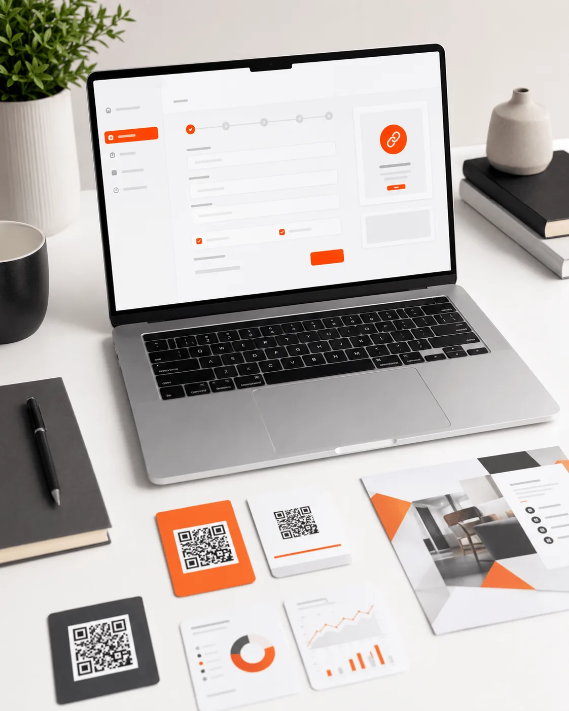 Laptop mit geöffnetem Link-Builder, daneben Flyer und Karten mit QR-Codes