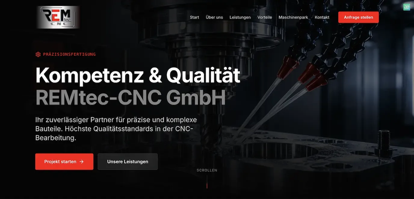 REMtec-CNC: Ansicht der Website bzw. Anwendung