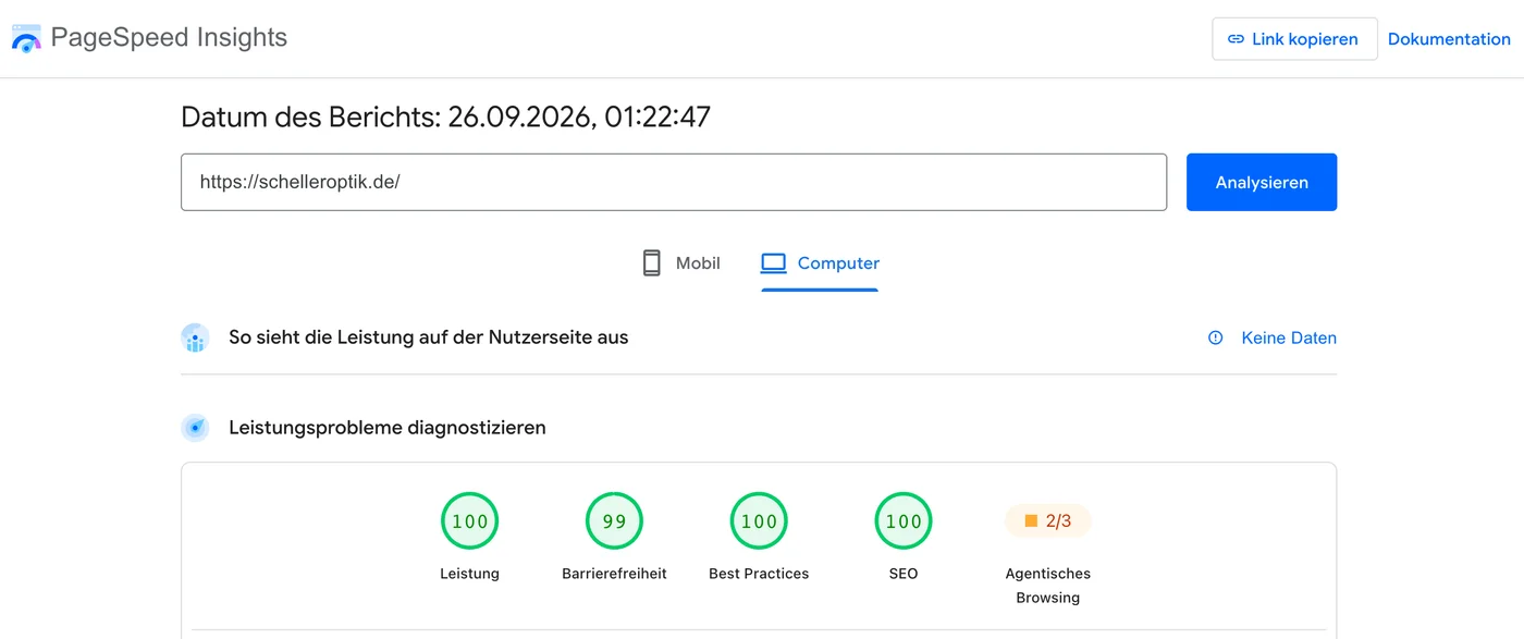 Google PageSpeed Insights für schelleroptik.de, Ansicht Computer, 26.09.2026: Leistung 100, Barrierefreiheit 99, Best Practices 100, SEO 100