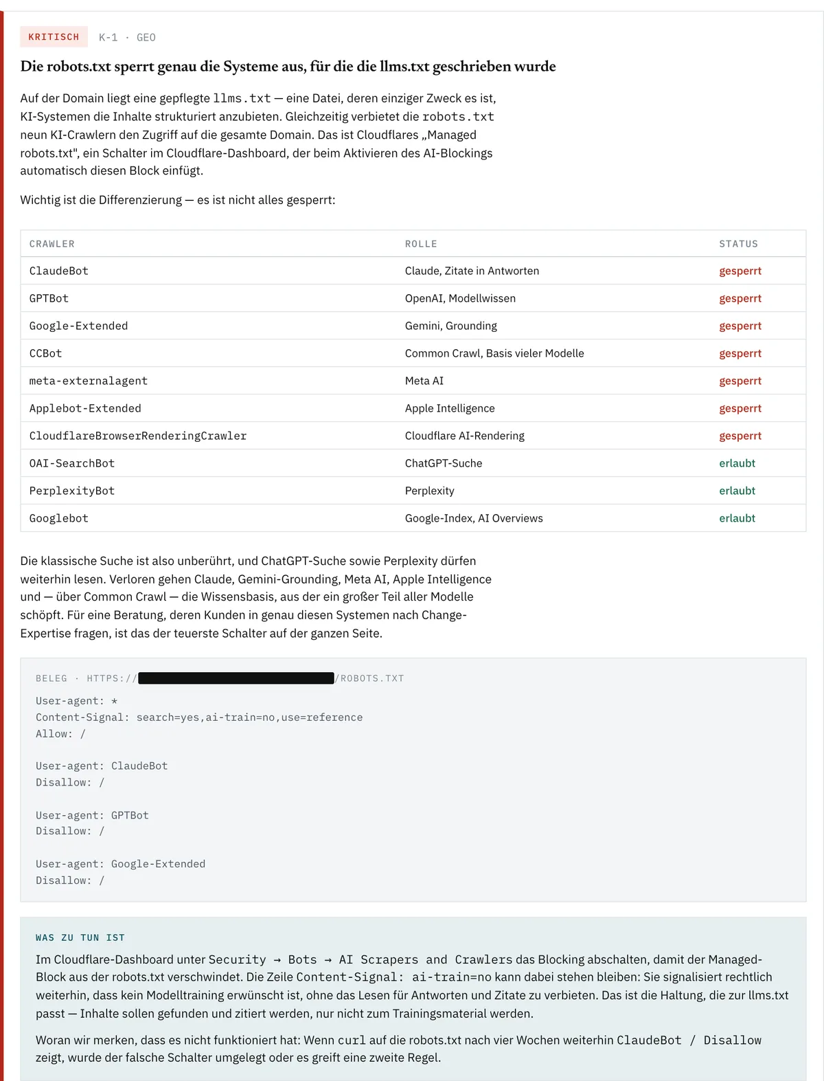 Kritischer Befund aus einer echten Analyse: Die robots.txt sperrt ClaudeBot, GPTBot, Google-Extended und weitere KI-Crawler aus, obwohl die Firma eine llms.txt für KI-Systeme pflegt. Mit Crawler-Tabelle, Beleg und Lösung, Domain geschwärzt