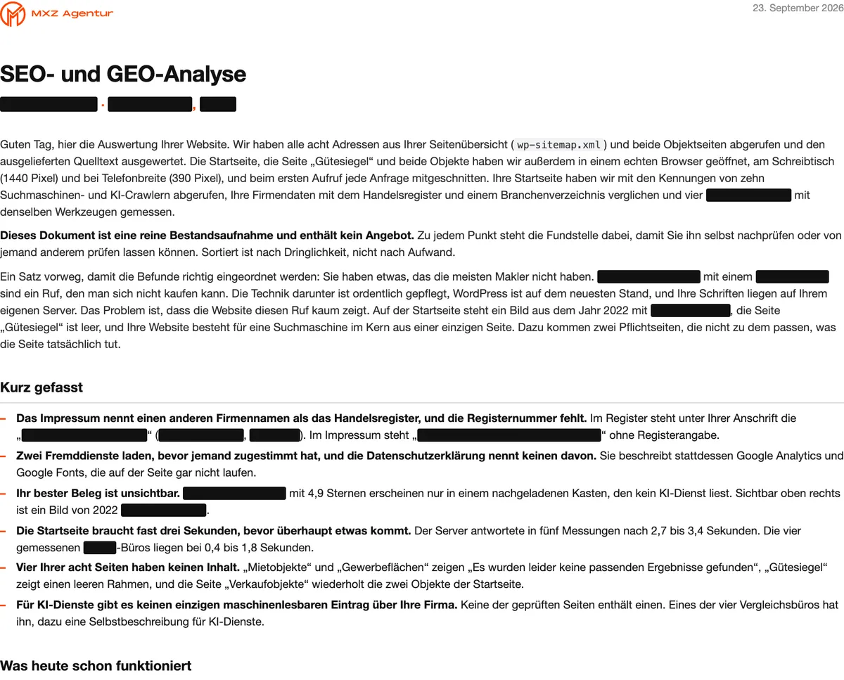 Erste Seite einer echten SEO- und GEO-Analyse der MXZ Agentur mit Einleitung und Kurzfassung, Firmennamen geschwärzt