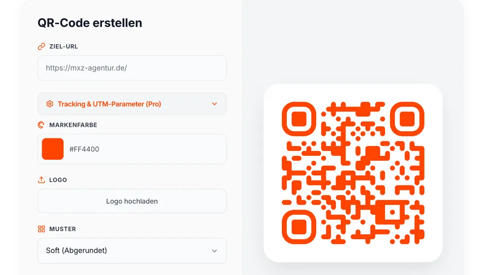 QR-Code-Generator der MXZ Agentur mit Markenfarbe, Logo und Live-Vorschau